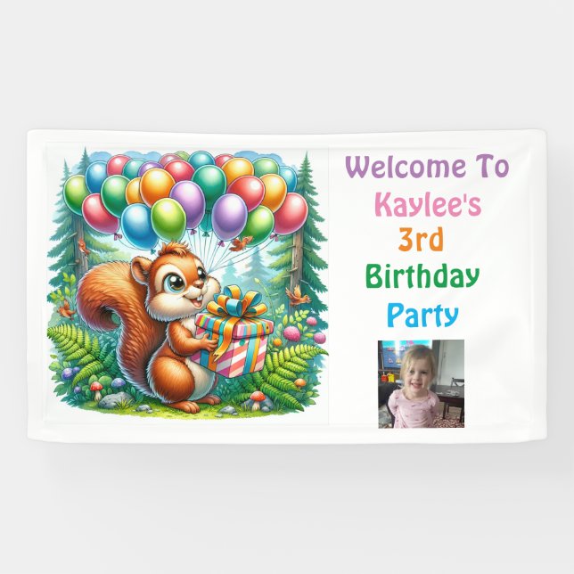 Squirrel Woodland Themed Birthday Personalized Banner (Horizontal)
