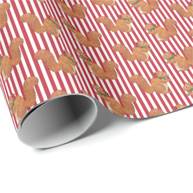 Squirrels and Holly Stripes Holiday  Wrapping Paper (Roll Corner)