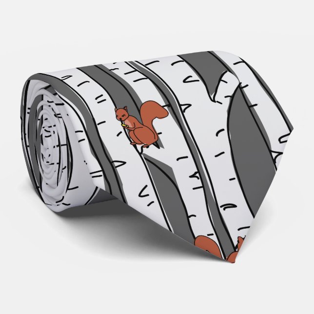 Squirrels in birch trees on grey, acorns under nec tie (Rolled)