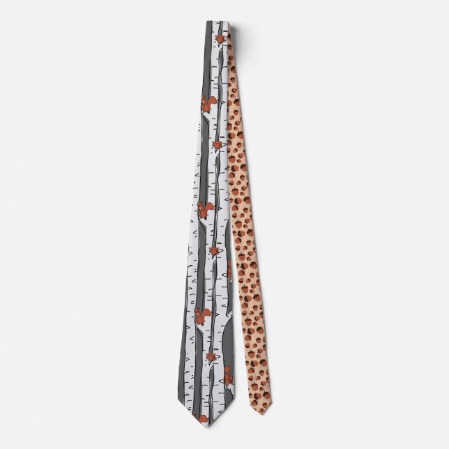 Squirrels in birch trees on grey, acorns under tie (Front)