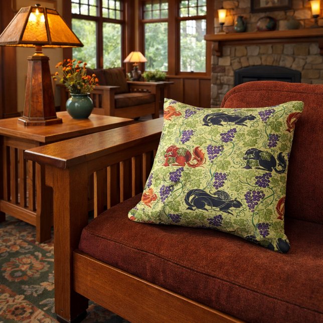 Squirrels in Grapevine Retro Victorian Era Pattern Throw Pillow (Creator Uploaded)