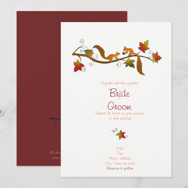 Squirrels in love: Fall wedding invitation (Front/Back)