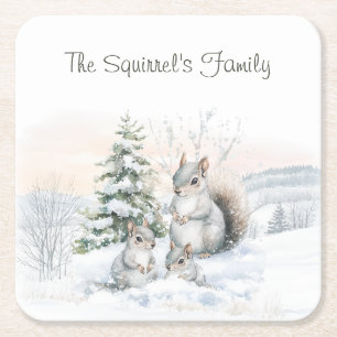 Squirrels in Winter Snow  Square Paper Coaster