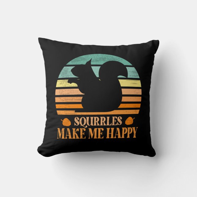 Squirrels Make Me Happy Vintage Squirrel Throw Pillow (Front)