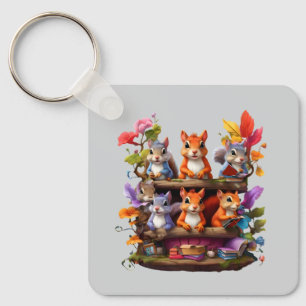 Squirrels On A Wooden Bookshelf Keychain