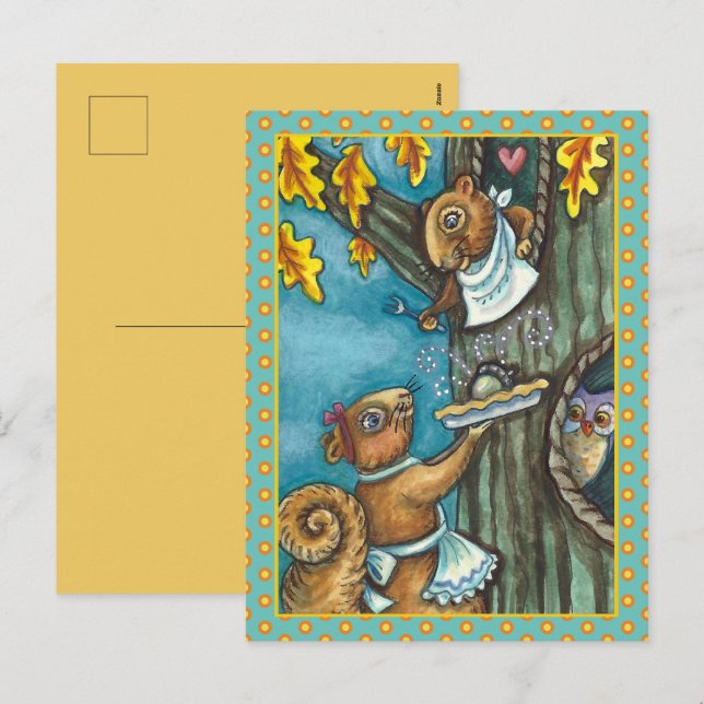 SQUIRRELS & OWL THANKSGIVING, HOMEMADE ACORN PIE HOLIDAY POSTCARD (Front/Back)