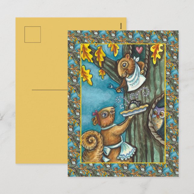 SQUIRRELS & OWL THANKSGIVING, HOMEMADE ACORN PIE HOLIDAY POSTCARD (Front/Back)