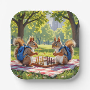 Squirrels Playing Chess In a City Park Paper Plate