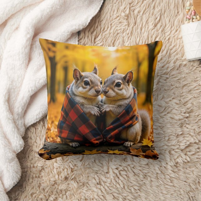 Squirrels Snuggling Under a Plaid Blanket Throw Pillow (Blanket)