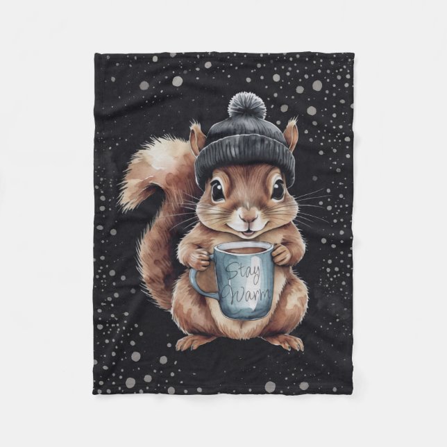 Squirrels with cup and snow "Stay Warm" Fleece Blanket (Front)