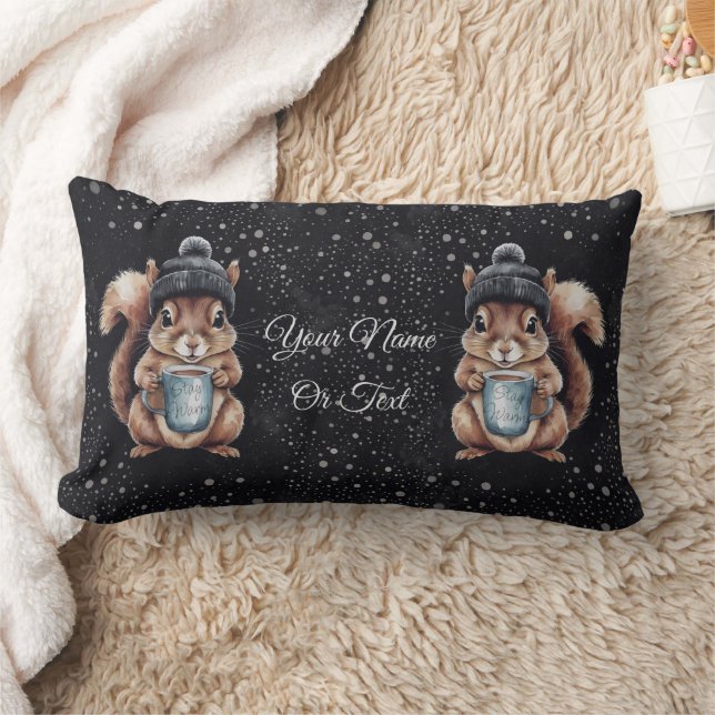 Squirrels with cup and snow "Stay Warm" Lumbar Pillow (Blanket)