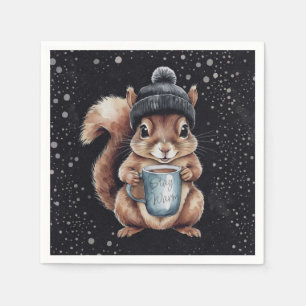 Squirrels with cup and snow "Stay Warm" Napkin