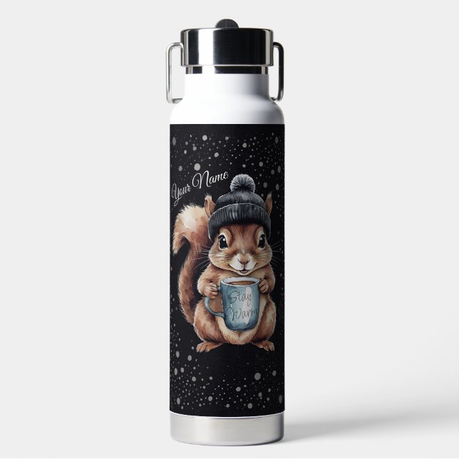 Squirrels with cup and snow "Stay Warm" Water Bottle (Front)
