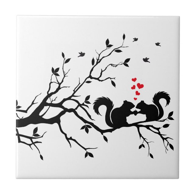 Squrrels with red hearts on tree branch tile (Front)