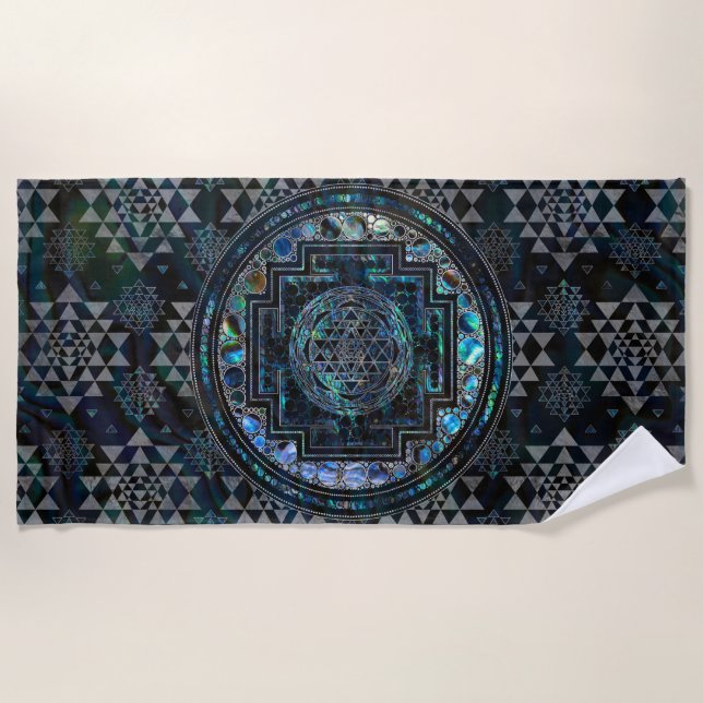 Sri Yantra  / Sri Chakra Abalone Shell and Silver Beach Towel (Front)