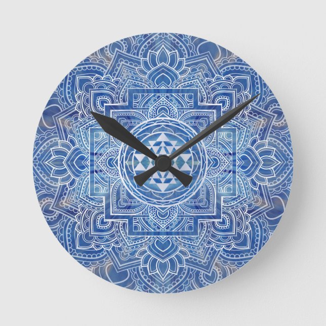 Sri Yantra  / Sri Chakra Blue Watercolor Round Clock (Front)