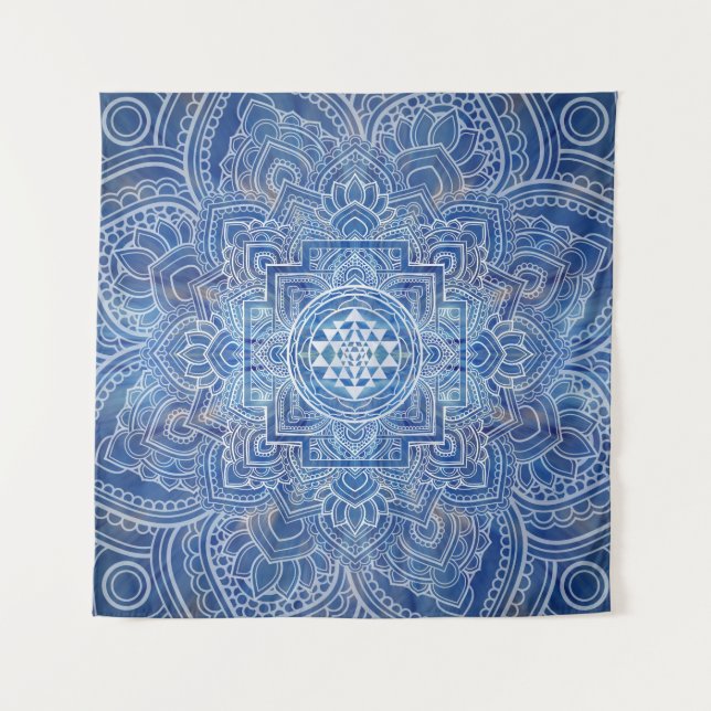 Sri Yantra  / Sri Chakra Blue Watercolor Tapestry (Front)