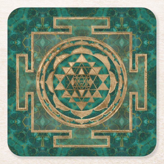 Sri Yantra  / Sri Chakra Malachite and gold Square Paper Coaster (Front)