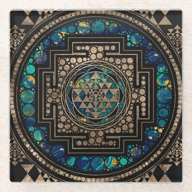 Sri Yantra  / Sri Chakra Marble and Gold Glass Coaster (Front)