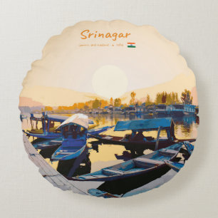 Srinagar, India - Dal Lake Shikara Boats Round Pillow