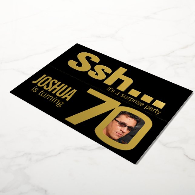 Ssh... Surprise 70th Birthday party gold black (Rotated)