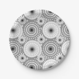 SStarbursts and pinwheels, grey, black and white Paper Plate