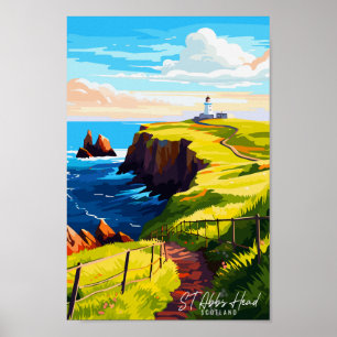 St. Abbs Head Scotland vintage travel illustration Poster