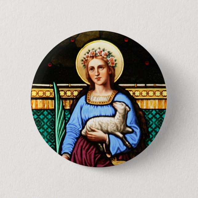 St Agnes of Rome, holding lamb and palm leaf 2 Inch Round Button (Front)
