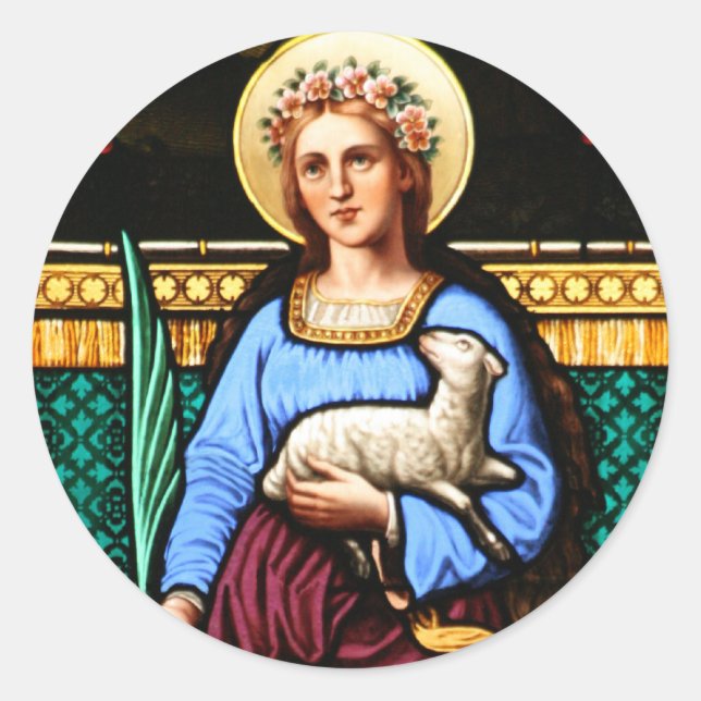St Agnes of Rome, holding lamb and palm leaf Classic Round Sticker (Front)