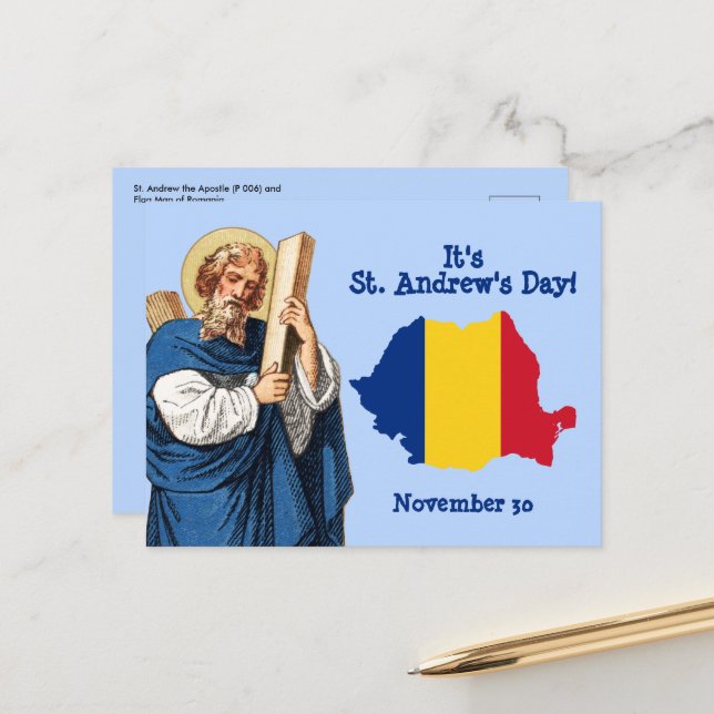 St. Andrew and Flag-Map of Romania Feast Day Postcard (Front/Back In Situ)