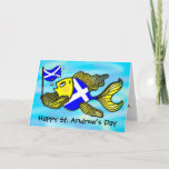 St. Andrew's Day GREETING CARD funny cartoon<br><div class="desc">St. Andrew's Day is a gorgeous fun 3D-like greeting card. Sparky yellow fish is holding the Scottish Flag on a bright blue gorgeous background. Its a perfect card for a perfect St. Andrew's Greeting. This wonderful card is part of matching range of gifts such as T-shirts, Tea/Coffee mugs, fridge magnets,...</div>