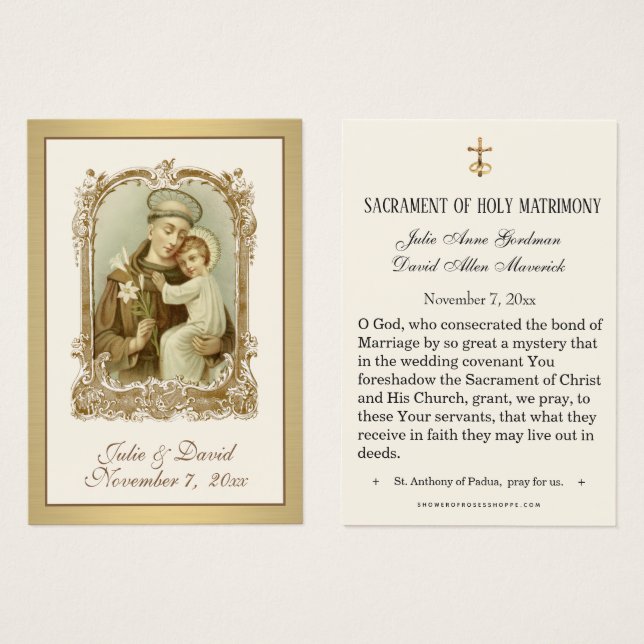 St. Anthony Jesus Elegant Gold Wedding Favour Card (Front & Back)