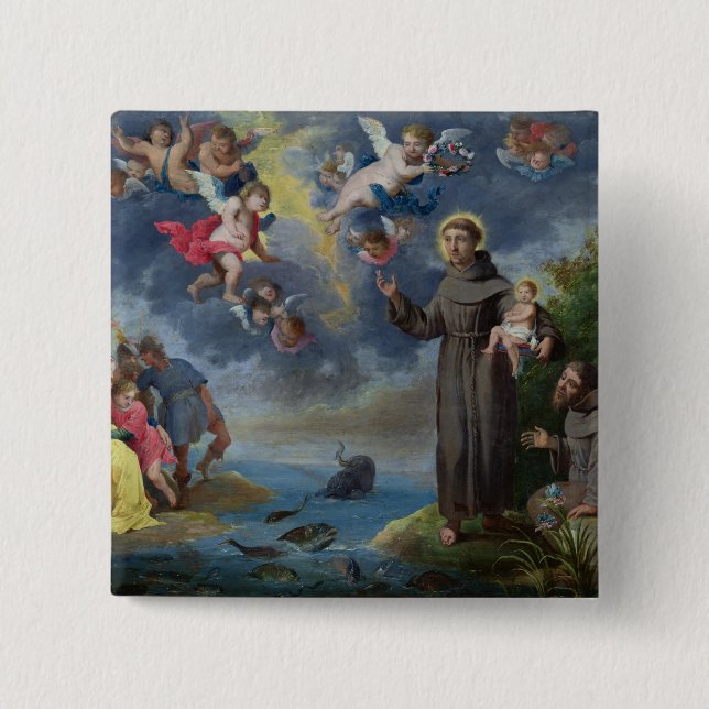 St. Anthony of Padua Preaching to the Fish 2 Inch Square Button (Front)