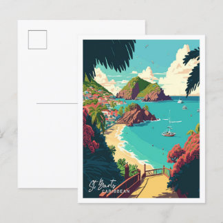 St Barts Caribbean Art Travel Vintage illustration Postcard