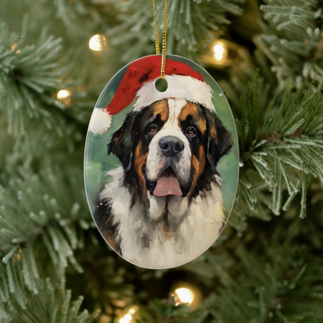 St.Bernard Christmas brush painting artwork Ceramic Ornament (Tree)