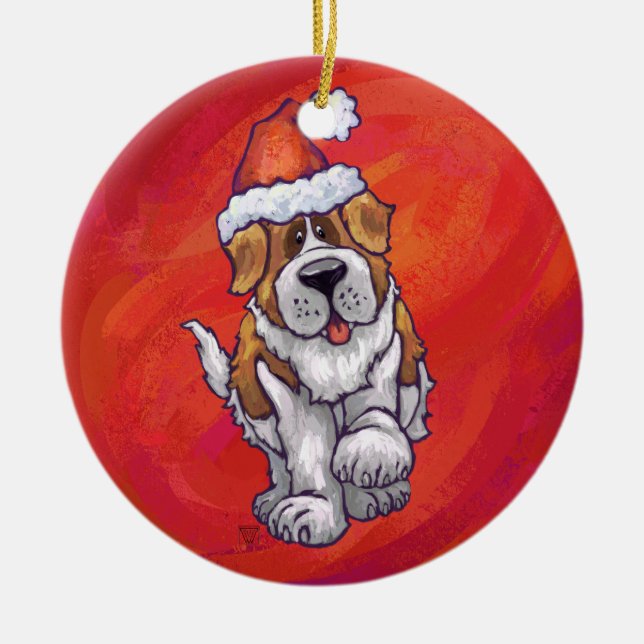 St. Bernard Christmas On Red Ceramic Ornament (Front)