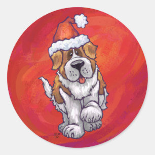 St. Bernard Christmas On Red Classic Round Sticker