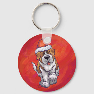 St. Bernard Christmas On Red Keychain