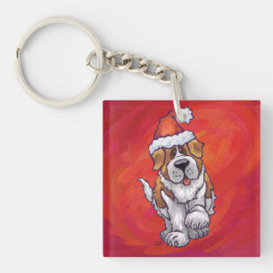 St. Bernard Christmas On Red Keychain