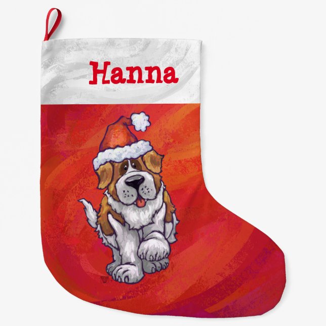 St. Bernard Christmas On Red Large Christmas Stocking (Front)