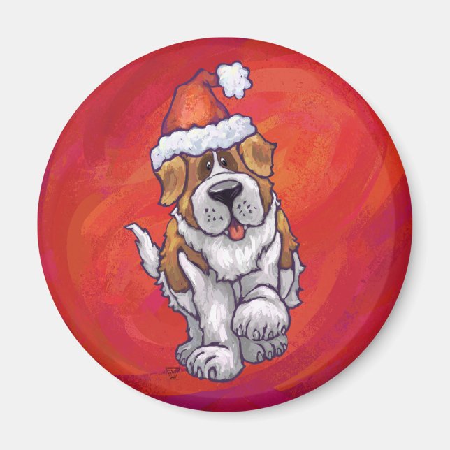 St. Bernard Christmas On Red Magnet (Front)