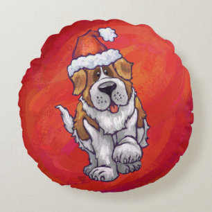 St. Bernard Christmas On Red Round Pillow