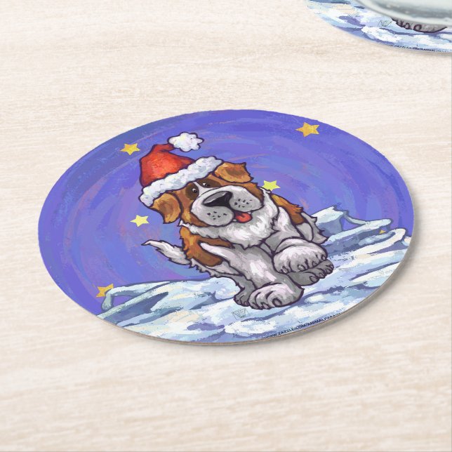 St. Bernard Christmas Round Paper Coaster (Angled)