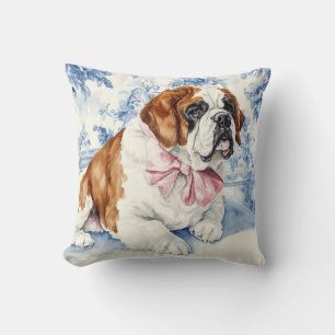 St. Bernard Dog Blue Toile Throw Pillow