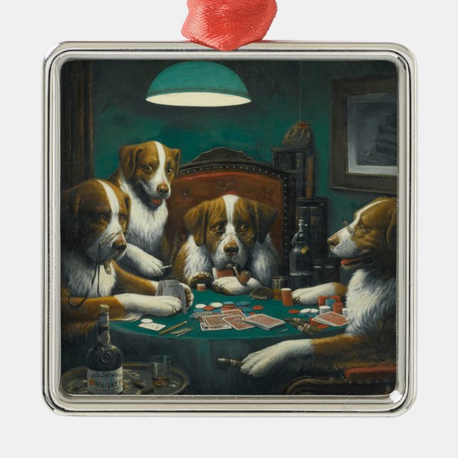 St Bernard Dogs Playing Poker (Kitsch Animal Art) Metal Ornament (Front)
