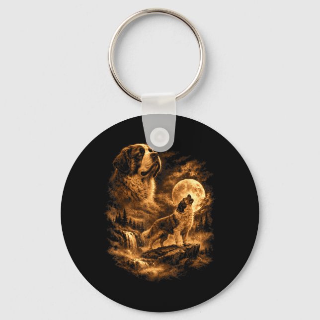 St Bernard Howling Moon Dog Fantasy Forrest Keychain (Front)