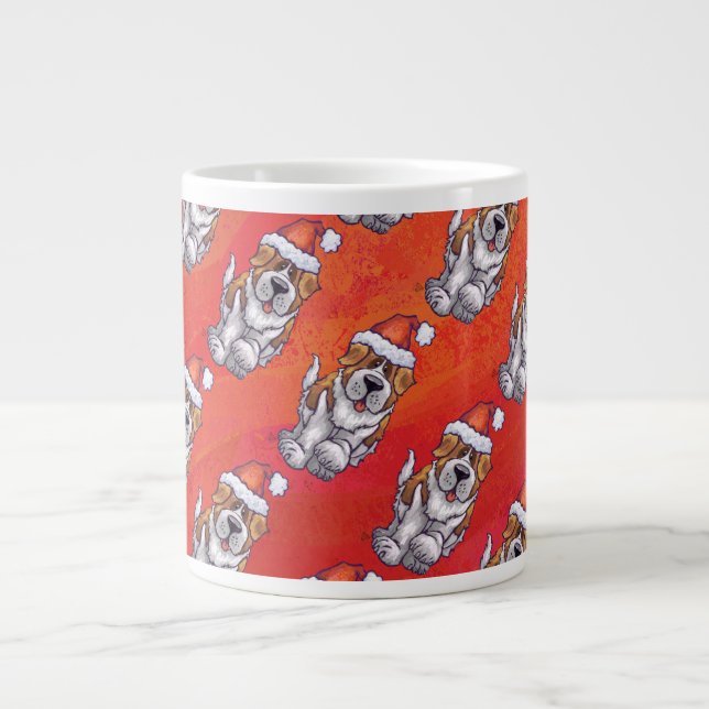 St. Bernard in Hat Pattern On Red Large Coffee Mug (Front)