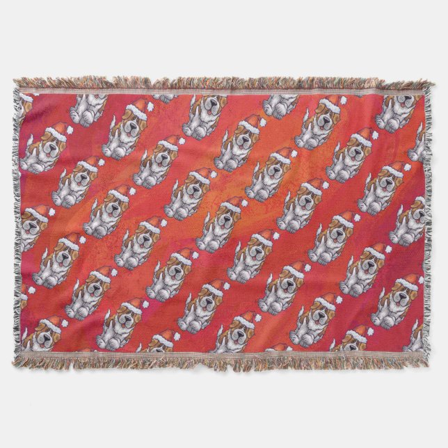St. Bernard in Hat Pattern On Red Throw Blanket (Front)