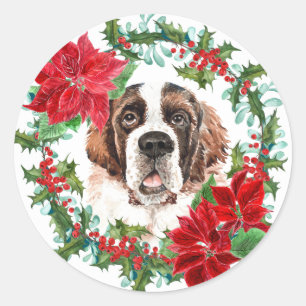 St Bernard Poinsettia Holly Christmas Wreath Classic Round Sticker