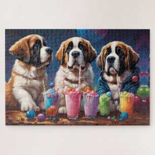 St Bernard Puppies Party and Milkshakes Jigsaw Puzzle